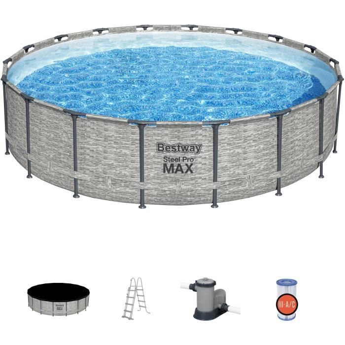 Kit Piscine hors sol tubulaire BESTWAY Steel Pro Max - 549 x 122 cm - Ronde (Avec pompe de filtration, une échelle et une bâche)