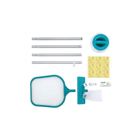 Kit de nettoyage piscine jusqu'a 3,96m - Bestway - Aquaclear - épuisette, flotteur, aspirateur, bande de test, patch de réparation