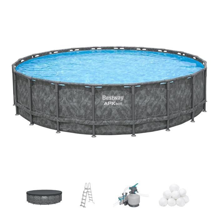 Kit Piscine hors sol tubulaire BESTWAY - APX 365 - 610 x 132 cm - Ronde (Filtre a sable, 500g polysphere, échelle, bâche)
