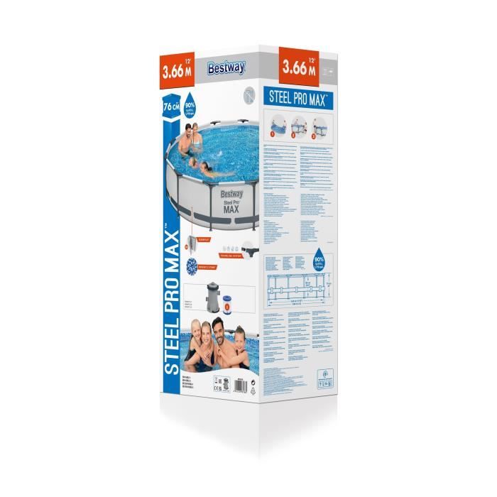 Kit Piscine hors sol tubulaire BESTWAY - Steel Pro Max - 366 x 76 cm - Ronde - (Inclus 1 pompe de filtration et 1 cartouche)
