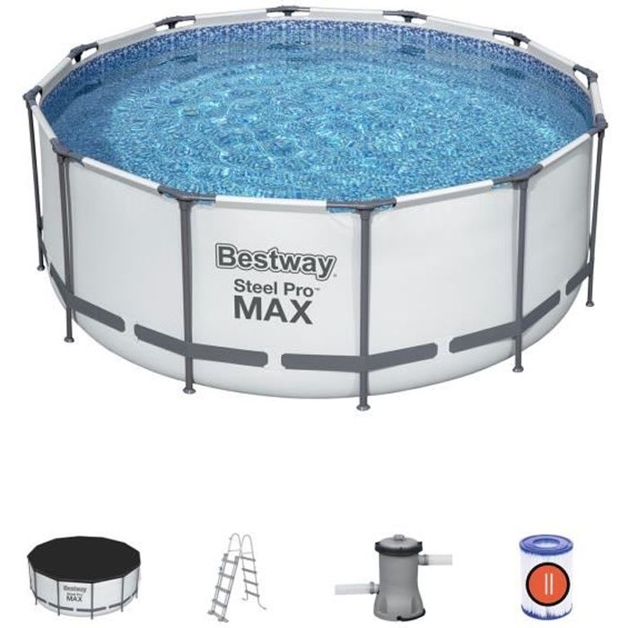 Kit Piscine hors sol tubulaire BESTWAY Steel Pro Max - 366 x 122 cm - Ronde (Livrée avec un filtre a cartouche, échelle, bâche)
