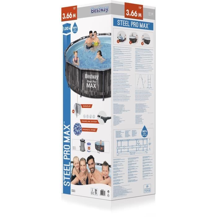 Kit Piscine hors sol tubulaire BESTWAY - Steel Pro Max - 366 x 100 cm - Ronde (filtre a cartouche, échelle, diffuseur)