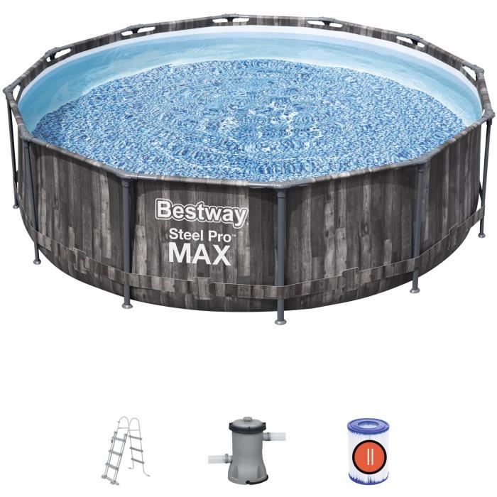 Kit Piscine hors sol tubulaire BESTWAY - Steel Pro Max - 366 x 100 cm - Ronde (filtre a cartouche, échelle, diffuseur)
