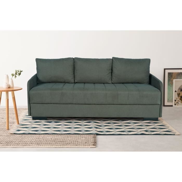 Canapé convertible 3 places  - BETTA - Tissu vert foncé - Couchage 145 x 190 cm - Coffre de rangement - 200 x 95 x 91 cm