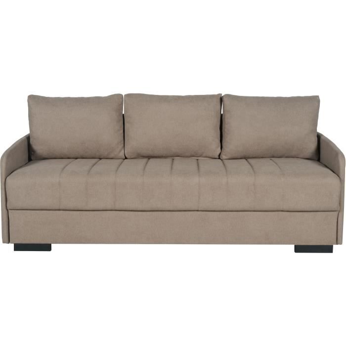 Canapé convertible 3 places  - BETTA - Tissu beige - Couchage 145 x 190 cm - Coffre de rangement - 200 x 95 x 91 cm