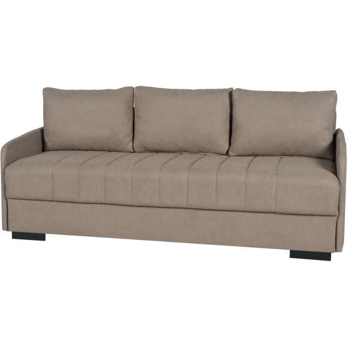 Canapé convertible 3 places  - BETTA - Tissu beige - Couchage 145 x 190 cm - Coffre de rangement - 200 x 95 x 91 cm
