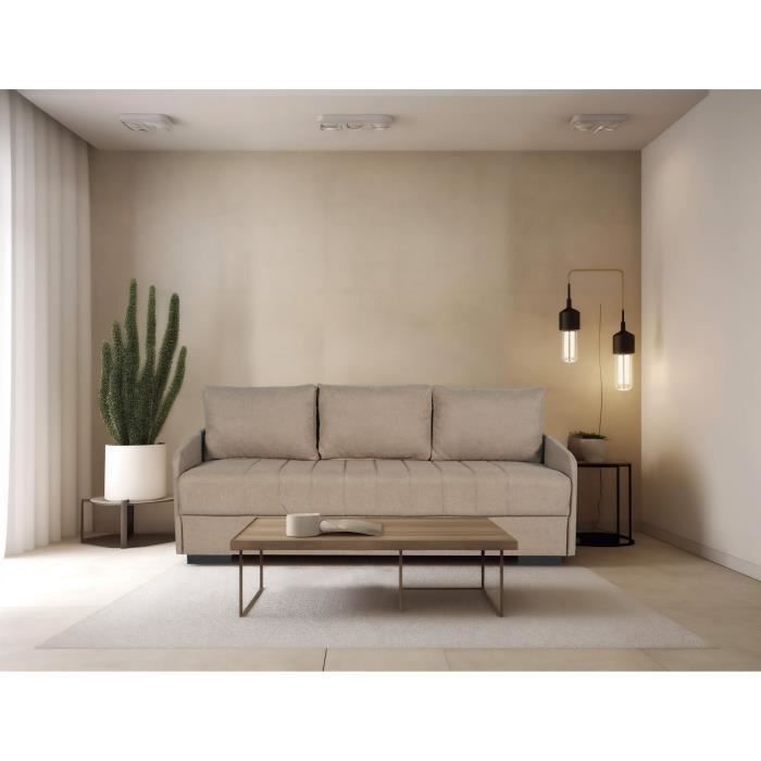 Canapé convertible 3 places  - BETTA - Tissu beige - Couchage 145 x 190 cm - Coffre de rangement - 200 x 95 x 91 cm
