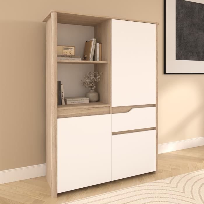 Bahut Haut BETTY - Blanc & Chene - 3 portes, 1 tiroir - 108.9 x 39.6 x 151.5 cm