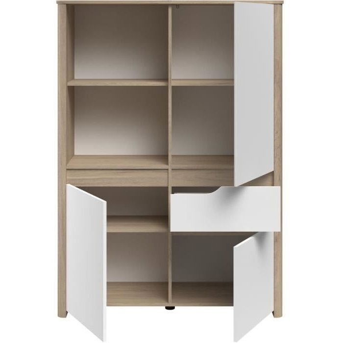 Bahut Haut BETTY - Blanc & Chene - 3 portes, 1 tiroir - 108.9 x 39.6 x 151.5 cm