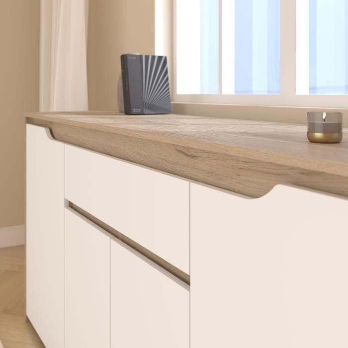 Buffet bas - BETTY- Panneaux de particules - Blanc / Chene - 4 portes - 1 tiroir - PARISOT