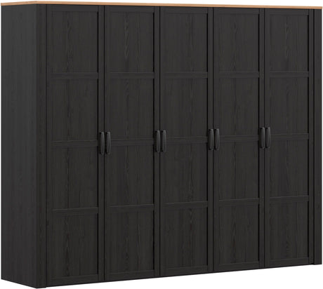 Armoire de chambre - BOHOL - Décor Chene et Noir - 5 portes battantes - L265,6 x P59,6 x H214 cm