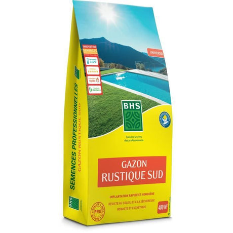Semence de Gazon - BHS - Gazon Rustique Sud - 10kg - Résistant aux conditions seches grâce a la fétuque élevée. Rapide et homogene.