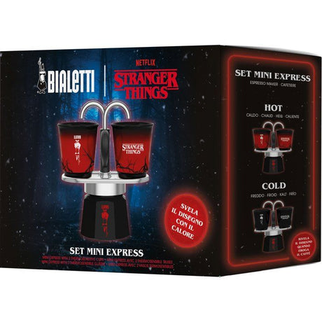 Cafetiere italienne - BIALETTI - Set Mini express - Collection Stranger Things - Avec 2 tasses thermosensibles - Noir / Rouge