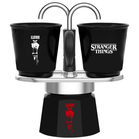 Cafetiere italienne - BIALETTI - Set Mini express - Collection Stranger Things - Avec 2 tasses thermosensibles - Noir / Rouge