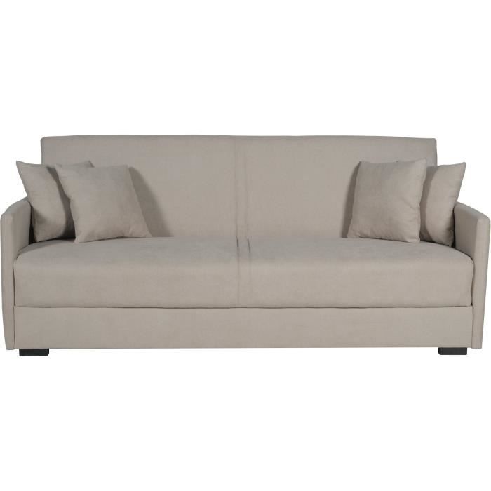 Canapé convertible 3 places - BIANCA - Tissu beige - 4 coussins - Coffre de rangement -  204 x 92 x 91 cm