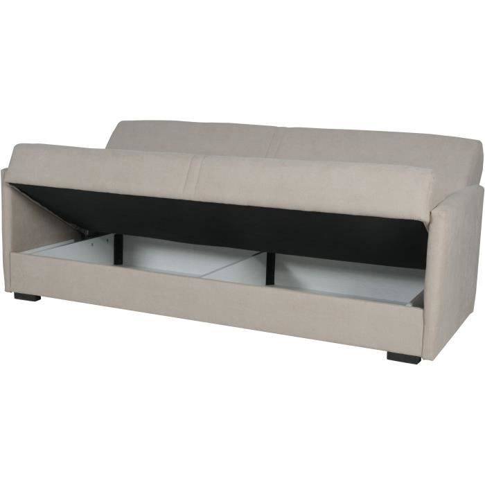 Canapé convertible 3 places - BIANCA - Tissu beige - 4 coussins - Coffre de rangement -  204 x 92 x 91 cm
