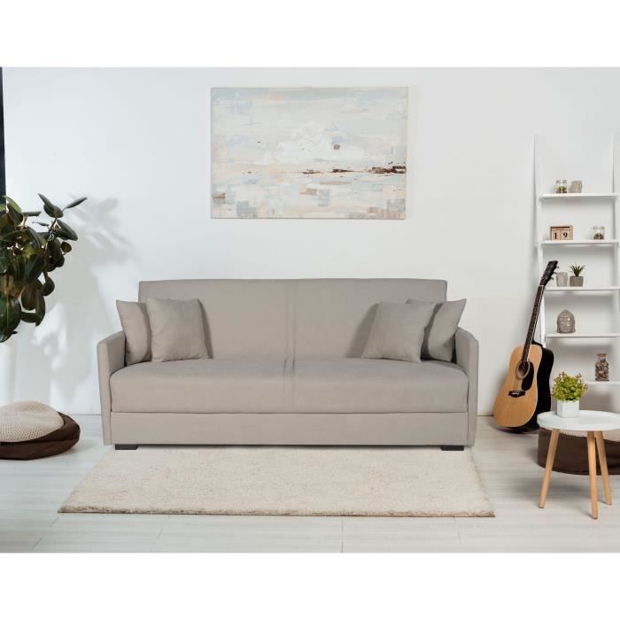 Canapé convertible 3 places - BIANCA - Tissu beige - 4 coussins - Coffre de rangement -  204 x 92 x 91 cm