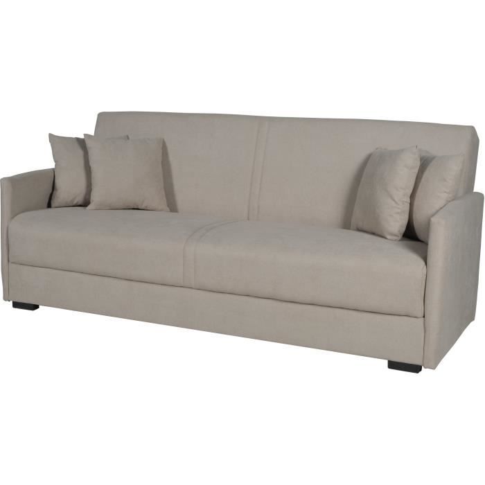 Canapé convertible 3 places - BIANCA - Tissu beige - 4 coussins - Coffre de rangement -  204 x 92 x 91 cm