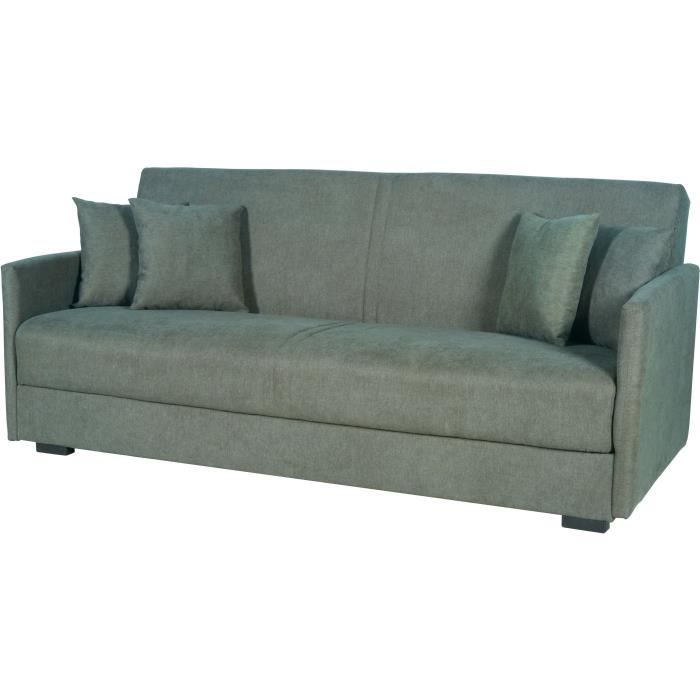 Canapé convertible 3 places - BIANCA - Tissu vert foncé - 4 coussins - Coffre de rangement -  204 x 92 x 91 cm