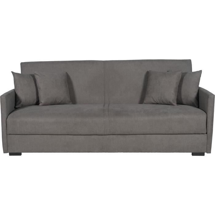 Canapé convertible 3 places - BIANCA - Tissu taupe - 4 coussins - Coffre de rangement -  204 x 92 x 91 cm
