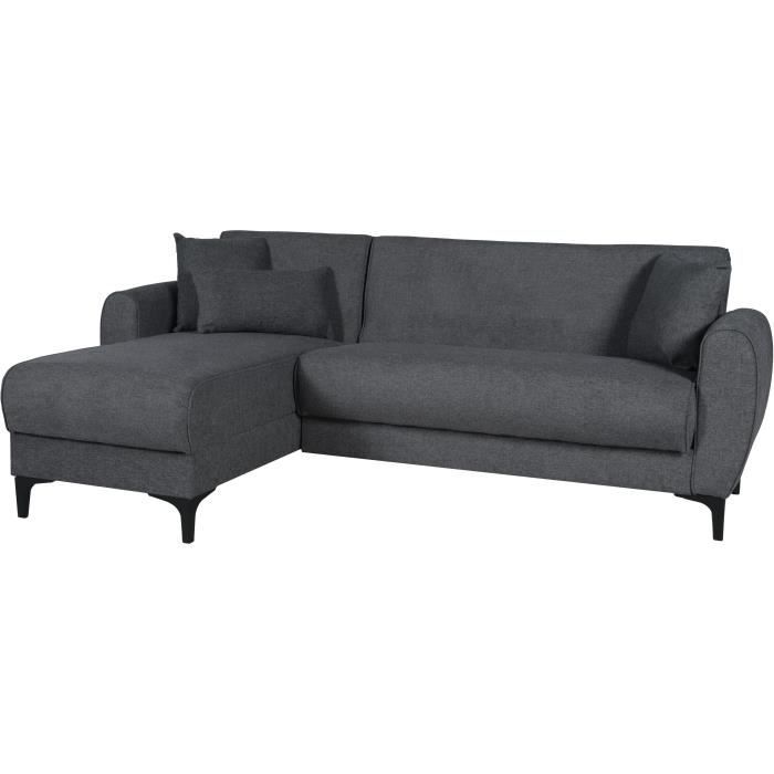 Canapé d'angle convertible réversible - 3 / 4 personnes - BILBAO - Coffre - 3 coussins - Tissu Gris foncé - 229 x 81 / 154 x 84 cm