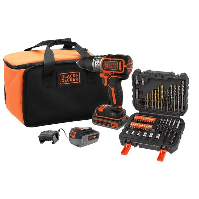 Perceuse a percussion BLACK+DECKER sans fil 18V + 2 batteries 2,5Ah et 4Ah+ 50 accessoires + sac de rangement - BL188ME2SA-QW