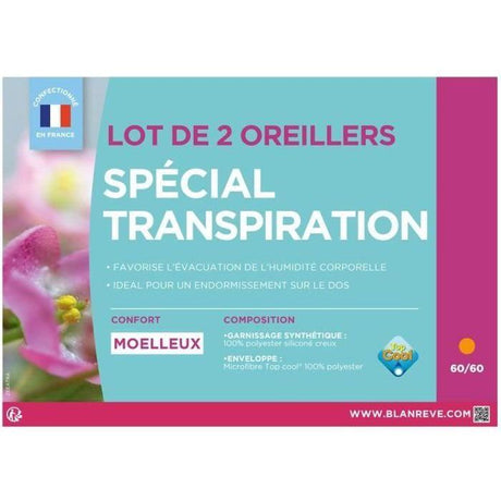 Lot de 2 Oreillers - BLANREVE - Spécial Transpiration - 60 x 60 cm - Blanc