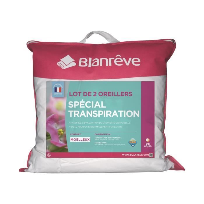 BLANREVE Lot de 2 Oreillers SpÈcial Transpiration - 60 x 60 cm - Blanc