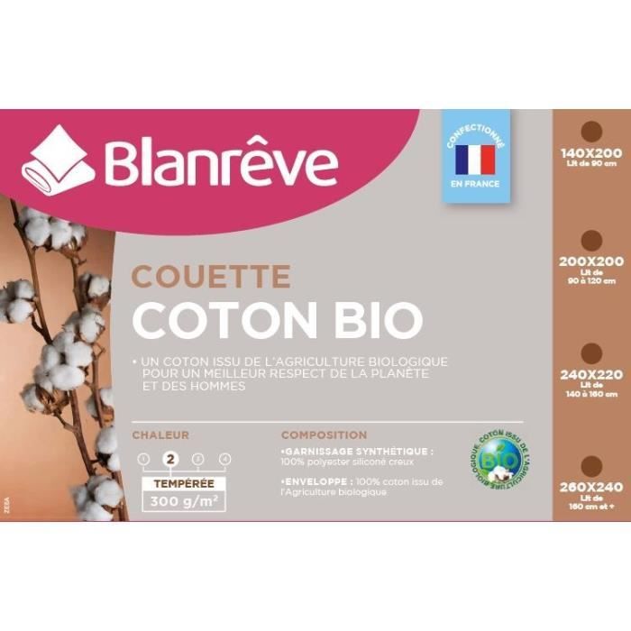 BLANREVE Couette tempÈrÈe Coton BIO - 300g/m≤ - 140x200cm