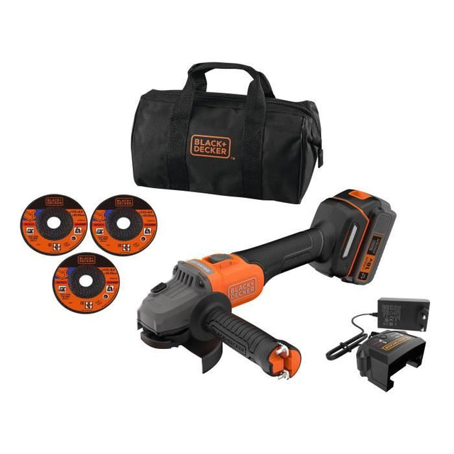 Meuleuse sans fil + batterie 4Ah + chargeur - BLACK&DECKER - BCG6L8F1S-QW - Brushless - 18V - 115m - Avec 3 disques et sac de transp