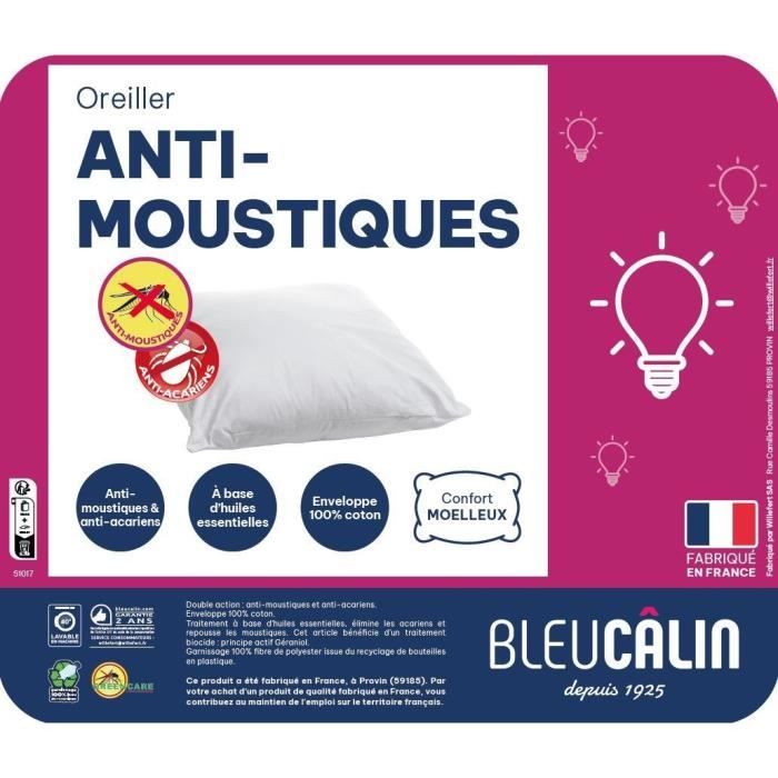 Oreiller anti-moustiques - 60 x 60 cm - Moelleux - BLEU CALIN - Blanc