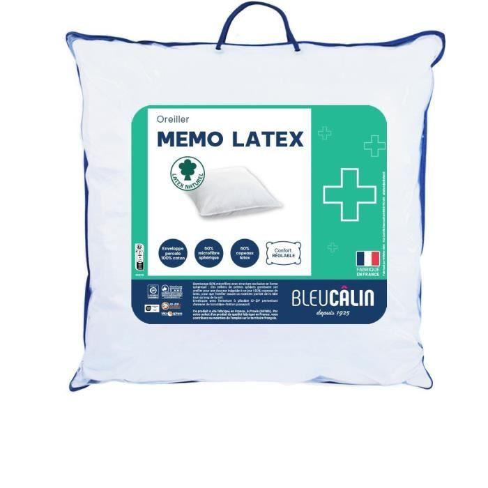 Oreiller mémolatex - 60 x 60 cm - Medium - BLEU CALIN - Blanc