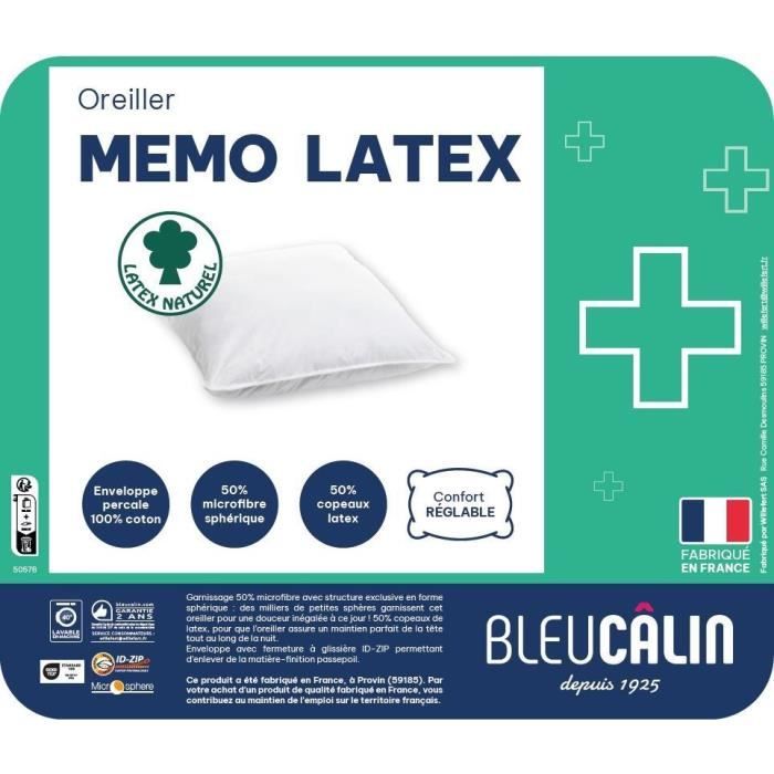 Oreiller mémolatex - 60 x 60 cm - Medium - BLEU CALIN - Blanc