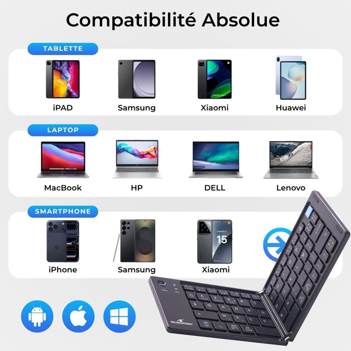 Clavier sans fil pliable - Ordinateur, tablette, smartphone, TV - Touches ciseaux - BLUESTORK - KB-MINI-FOLD/FR - AZERTY - Noir