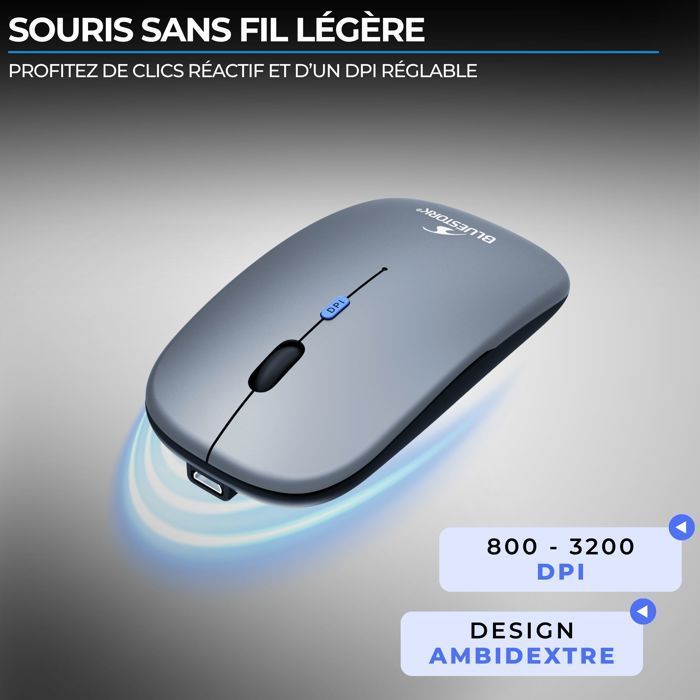 Souris - Sans fil - BLUESTORK - M-WL-OFF105 - Silencieuse - Bluetooth ou dongle 2,4 GHz - Gris/Noir