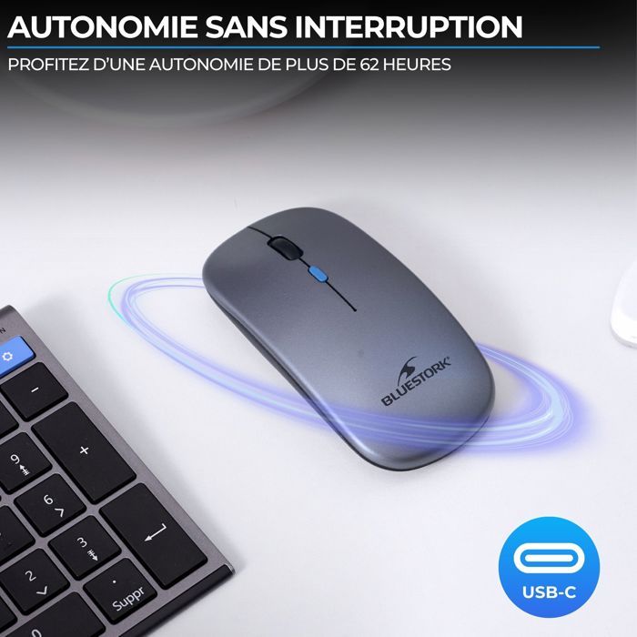 Souris - Sans fil - BLUESTORK - M-WL-OFF105 - Silencieuse - Bluetooth ou dongle 2,4 GHz - Gris/Noir
