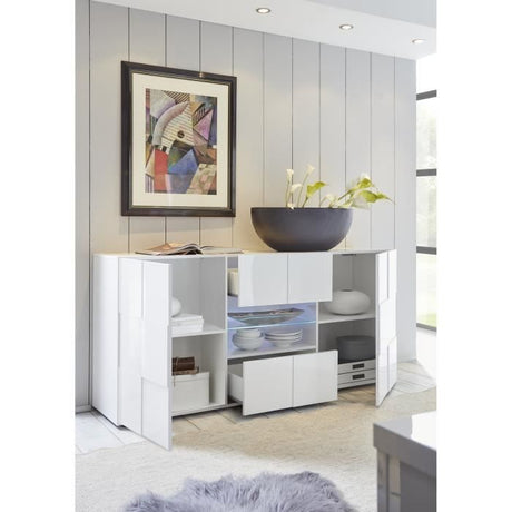 Buffet MILANO - Décor blanc laqué brillant - 2 portes 2 tiroirs - L181 x P43 x H84 cm