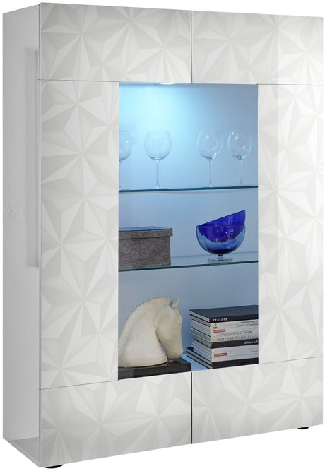 Vitrine - PARIGI - Blanc Laqué Brillant & Relief Sérigraphie - 2 Portes - 121 x 43 x 166 cm