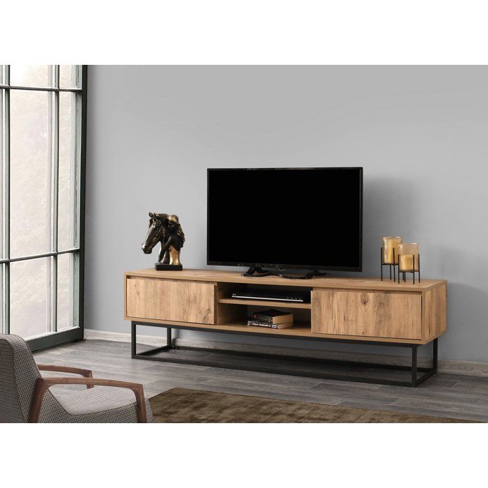 Meuble TV - BELINDA - Noir / Pin - 46 x 192 x 15 cm