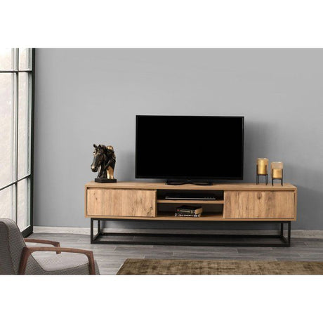 Meuble TV - BELINDA - Noir / Pin - 46 x 192 x 15 cm