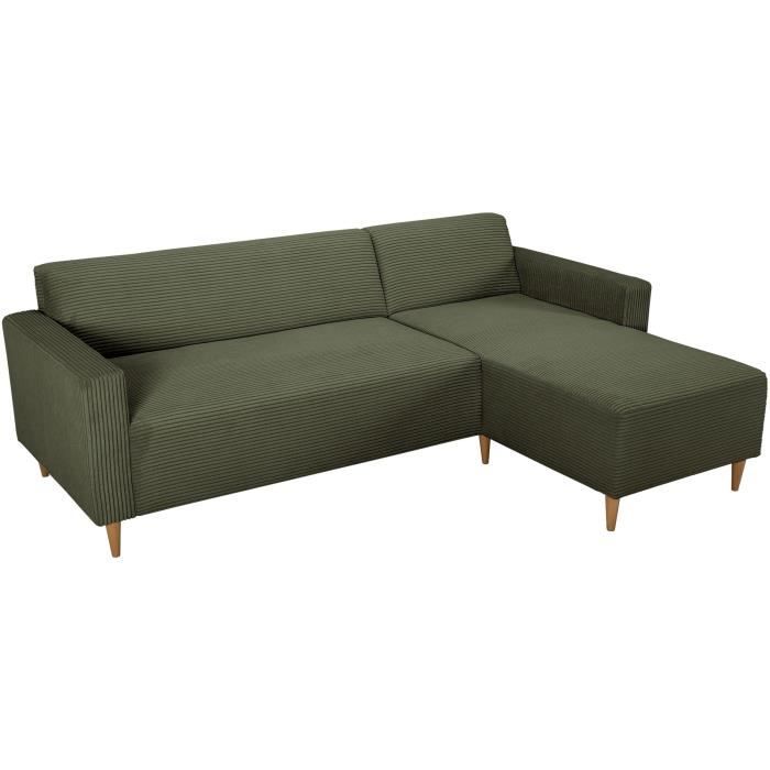Canapé d'angle fixe réversible - 4 places - BOB - Velours cotelé Kaki - 197 x 138 x 65 cm