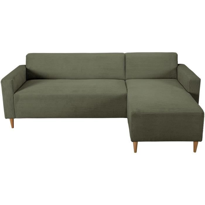 Canapé d'angle fixe réversible - 4 places - BOB - Velours cotelé Kaki - 197 x 138 x 65 cm