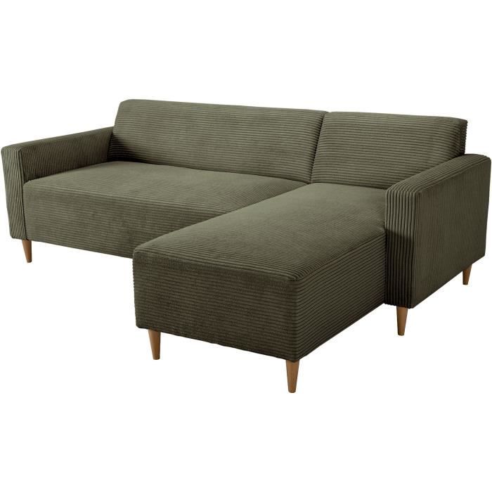 Canapé d'angle fixe réversible - 4 places - BOB - Velours cotelé Kaki - 197 x 138 x 65 cm