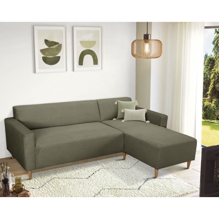 Canapé d'angle fixe réversible - 4 places - BOB - Velours cotelé Kaki - 197 x 138 x 65 cm