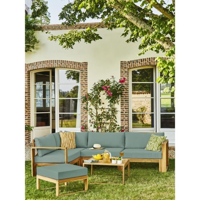 Salon de jardin d'angle modulable LEVATA OTTOMAN - Bois d'acacia FSC - 6 personnes - Bleu vert + Housse incluse