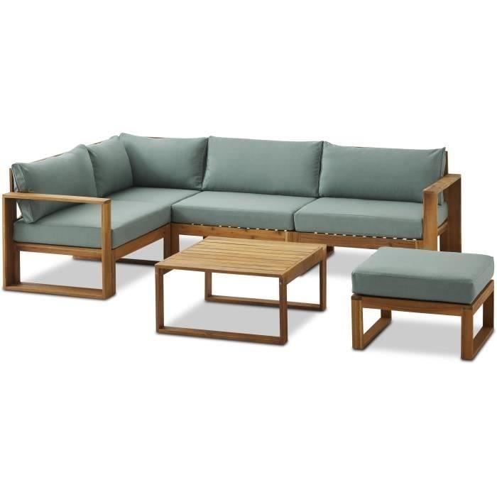 Salon de jardin d'angle modulable LEVATA OTTOMAN - Bois d'acacia FSC - 6 personnes - Bleu vert + Housse incluse