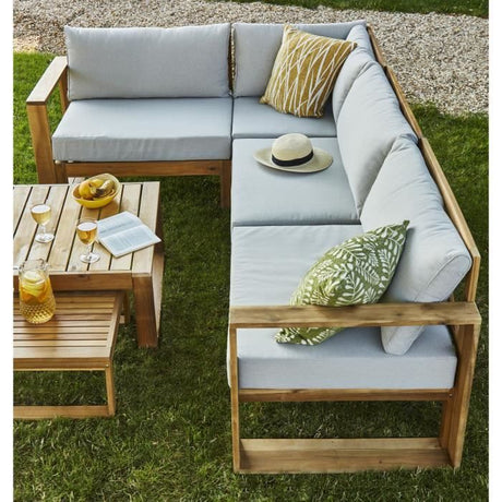 Salon de jardin d'angle modulable LEVATA OTTOMAN - Bois d'acacia FSC - 6 personnes - Gris de lin + Housse incluse