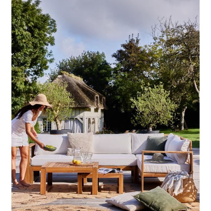 Salon de jardin d'angle modulable LEVATA OTTOMAN - Bois d'acacia FSC - 6 personnes - Blanc cassé + Housse incluse