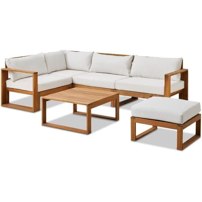Salon de jardin d'angle modulable LEVATA OTTOMAN - Bois d'acacia FSC - 6 personnes - Blanc cassé + Housse incluse