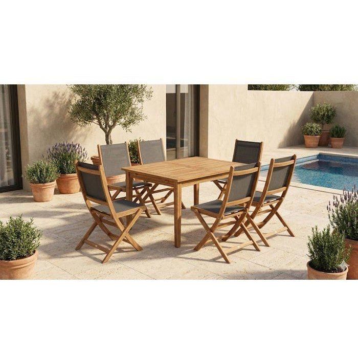 Ensemble repas de jardin TOSCANA - Table extensible + 6 six chaises pliantes - Bois d'acacia - 6 places - Bocarnea